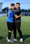 13 June 2025; Athlone Town manager Ian Ryan with player Dylan Hand after the SSE Airtricity Men's First Division match between Athlone Town and Kerry at Athlone Town Stadium in Westmeath. Photo by Thomas Flinkow/Sportsfile