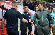 13 June 2025; Drogheda United manager Kevin Doherty, right, shakes hands with St Patrick's Athletic manager Stephen Kenny after their teams draw in the SSE Airtricity Men's Premier Division match between St Patrick's Athletic and Drogheda United at Richmond Park in Dublin. Photo by Shauna Clinton/Sportsfile