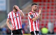 13 June 2025; Michael Duffy, right, and Sam Todd of Derry City after their side's draw in the SSE Airtricity Men's Premier Division match between Derry City and Galway United at The Ryan McBride Brandywell Stadium in Derry. Photo by Ramsey Cardy/Sportsfile