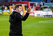 13 June 2025; Shamrock Rovers manager Stephen Bradley celebrates after the SSE Airtricity Men's Premier Division match between Shelbourne and Shamrock Rovers at Tolka Park in Dublin. Photo by Stephen McCarthy/Sportsfile