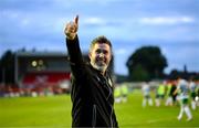 13 June 2025; Shamrock Rovers manager Stephen Bradley celebrates after the SSE Airtricity Men's Premier Division match between Shelbourne and Shamrock Rovers at Tolka Park in Dublin. Photo by Stephen McCarthy/Sportsfile