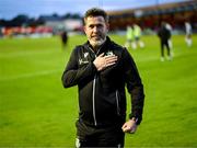 13 June 2025; Shamrock Rovers manager Stephen Bradley celebrates after the SSE Airtricity Men's Premier Division match between Shelbourne and Shamrock Rovers at Tolka Park in Dublin. Photo by Stephen McCarthy/Sportsfile