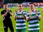 13 June 2025; Danny Grant, right, and Aaron McEneff of Shamrock Rovers celebrate after the SSE Airtricity Men's Premier Division match between Shelbourne and Shamrock Rovers at Tolka Park in Dublin. Photo by Stephen McCarthy/Sportsfile