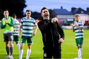 13 June 2025; Shamrock Rovers manager Stephen Bradley celebrates after the SSE Airtricity Men's Premier Division match between Shelbourne and Shamrock Rovers at Tolka Park in Dublin. Photo by Stephen McCarthy/Sportsfile