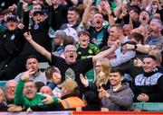13 June 2025; (EDITORS NOTE: Image contains profanity) Shamrock Rovers supporters celebrate their second goal during the SSE Airtricity Men's Premier Division match between Shelbourne and Shamrock Rovers at Tolka Park in Dublin. Photo by Stephen McCarthy/Sportsfile