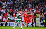 13 June 2025; Aaron Greene of Shamrock Rovers in action against Sean Gannon of Shelbourne during the SSE Airtricity Men's Premier Division match between Shelbourne and Shamrock Rovers at Tolka Park in Dublin. Photo by Sam Barnes/Sportsfile