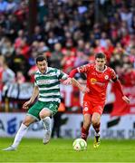 13 June 2025; Aaron Greene of Shamrock Rovers in action against Sean Gannon of Shelbourne during the SSE Airtricity Men's Premier Division match between Shelbourne and Shamrock Rovers at Tolka Park in Dublin. Photo by Sam Barnes/Sportsfile