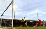 13 June 2025; Shelbourne goalkeeper Conor Kearns fails to save the shot of Josh Honohan of Shamrock Rovers during the SSE Airtricity Men's Premier Division match between Shelbourne and Shamrock Rovers at Tolka Park in Dublin. Photo by Sam Barnes/Sportsfile