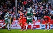 13 June 2025; Josh Honohan of Shamrock Rovers, bottom, celebrates with team-mate Aaron McEneff after scoring their side's second goal during the SSE Airtricity Men's Premier Division match between Shelbourne and Shamrock Rovers at Tolka Park in Dublin. Photo by Sam Barnes/Sportsfile