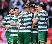 13 June 2025; Josh Honohan of Shamrock Rovers, second from right, celebrates with team-mates after scoring their side's second goal during the SSE Airtricity Men's Premier Division match between Shelbourne and Shamrock Rovers at Tolka Park in Dublin. Photo by Sam Barnes/Sportsfile
