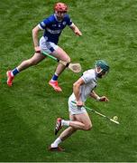 8 June 2025; Gerry Keegan of Kildare in action against Fiachra C Fennell of Laois during the Joe McDonagh Cup final match between Kildare and Laois at Croke Park in Dublin. Photo by Piaras Ó Mídheach/Sportsfile