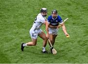 8 June 2025; Lee Cleere of Laois in action against David Qualter of Kildare during the Joe McDonagh Cup final match between Kildare and Laois at Croke Park in Dublin. Photo by Piaras Ó Mídheach/Sportsfile