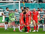 13 June 2025; Jack Byrne of Shamrock Rovers is shown a yellow card by referee Rob Harvey during the SSE Airtricity Men's Premier Division match between Shelbourne and Shamrock Rovers at Tolka Park in Dublin. Photo by Sam Barnes/Sportsfile