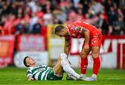 13 June 2025; Danny Grant of Shamrock Rovers and Paddy Barrett of Shelbourne during the SSE Airtricity Men's Premier Division match between Shelbourne and Shamrock Rovers at Tolka Park in Dublin. Photo by Sam Barnes/Sportsfile