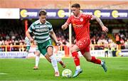 13 June 2025; Kameron Ledwidge of Shelbourne in action against Daniel Cleary of Shamrock Rovers during the SSE Airtricity Men's Premier Division match between Shelbourne and Shamrock Rovers at Tolka Park in Dublin. Photo by Sam Barnes/Sportsfile