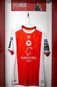 13 June 2025; The jersey of Mason Melia of St Patrick's Athletic is seen hanging in the dressing room before the SSE Airtricity Men's Premier Division match between St Patrick's Athletic and Drogheda United at Richmond Park in Dublin. Photo by Shauna Clinton/Sportsfile