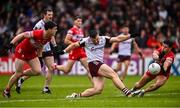 1 June 2025; Damien Comer of Galway has his shot on goal blocked down by Conor Doherty of Derry during the GAA Football All-Ireland Senior Championship Round 2 match between Derry and Galway at Celtic Park in Derry. Photo by Piaras Ó Mídheach/Sportsfile
