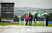 14 June 2025; Match officials, from left, Third Umpire Aidan Seaver, Umpire Johnny Kennedy, Umpire George Brolly and Umpire Mark Hawthorne inspect the pitch before match two of the T20 International Series between Ireland and the West Indies at Bready Cricket Club in Magheramason, Tyrone. Photo by Sam Barnes/Sportsfile