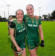 14 June 2025; Niamh Gallogly, 11, and Aoibhín Cleary of Meath celebrate after the TG4 All-Ireland Ladies Football Senior Championship Round 3 match between Kildare and Meath at Manguard Plus Kildare GAA Centre of Excellence in Newbridge, Kildare. Photo by Ray McManus/Sportsfile