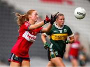 14 June 2025; Katie Horgan of Cork in action against Niamh Ni Chonchúir of Kerry during the TG4 All-Ireland Ladies Football Senior Championship Round 2 match between Cork and Kerry at Supervalu Páirc Uí Chaoimh in Cork. Photo by Michael P Ryan/Sportsfile