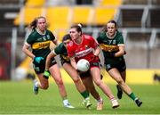 14 June 2025; Aimee Corcoran of Cork in action against Kerry players Siofra O'Shea, left, and Aoife Dillane during the TG4 All-Ireland Ladies Football Senior Championship Round 2 match between Cork and Kerry at Supervalu Páirc Uí Chaoimh in Cork. Photo by Michael P Ryan/Sportsfile