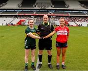 14 June 2025; Referee Shane Curley with Kerry Captain Cait Lynch, left, and Cork captain Sarah Leahy before the TG4 All-Ireland Ladies Football Senior Championship Round 2 match between Cork and Kerry at Supervalu Páirc Uí Chaoimh in Cork. Photo by Michael P Ryan/Sportsfile