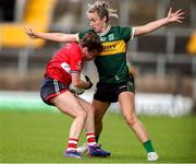 14 June 2025; Melissa Duggan of Cork in action against Niamh Carmody of Kerry during the TG4 All-Ireland Ladies Football Senior Championship Round 2 match between Cork and Kerry at Supervalu Páirc Uí Chaoimh in Cork. Photo by Michael P Ryan/Sportsfile