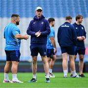 14 June 2025; Leinster head coach Leo Cullen, right, and Rabah Slimani of Leinster speak before the United Rugby Championship Grand Final match between Leinster and Vodacom Bulls at Croke Park in Dublin. Photo by Brendan Moran/Sportsfile