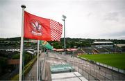14 June 2025; The Derry flag before the GAA Football All-Ireland Senior Championship Round 3 match between Dublin and Derry at Páirc Esler in Newry, Down. Photo by Ramsey Cardy/Sportsfile
