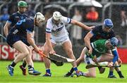 14 June 2025; Ryan Mullaney, left, and Cathal Dunne of Laois in action against Oisin O'Donoghue, left, and John McGrath of Tipperary during the GAA Hurling All-Ireland Senior Championship Round 1 match between Laois and Tipperary at Laois Hire O'Moore in Portlaoise, Laois. Photo by Daire Brennan/Sportsfile