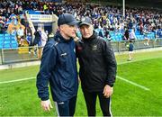 14 June 2025; Tipperary manager Liam Cahill with Laois manager Tommy Fitzgerald after the GAA Hurling All-Ireland Senior Championship Round 1 match between Laois and Tipperary at Laois Hire O'Moore in Portlaoise, Laois. Photo by Daire Brennan/Sportsfile