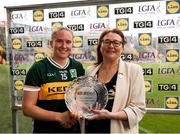 14 June 2025; Siofra O'Shea of Kerry is presented with the Player of the Match Award by Trina Murray, LGFA President after the TG4 All-Ireland Ladies Football Senior Championship Round 2 match between Cork and Kerry at Supervalu Páirc Uí Chaoimh in Cork. Photo by Michael P Ryan/Sportsfile