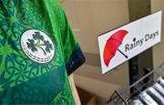 14 June 2025; A detailed view of merchandise on sale before match two of the T20 International Series between Ireland and the West Indies at Bready Cricket Club in Magheramason, Tyrone. Photo by Sam Barnes/Sportsfile