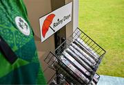 14 June 2025; Umbrellas for sale in the merchandise store before match two of the T20 International Series between Ireland and the West Indies at Bready Cricket Club in Magheramason, Tyrone. Photo by Sam Barnes/Sportsfile