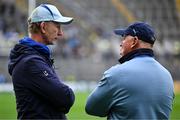 14 June 2025; Leinster head coach Leo Cullen, left, in conversation with Vodacom Bulls head coach Jake White before the United Rugby Championship Grand Final match between Leinster and Vodacom Bulls at Croke Park in Dublin. Photo by Brendan Moran/Sportsfile