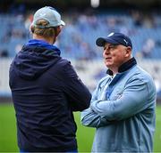 14 June 2025; Vodacom Bulls head coach Jake White, right, in conversation with Leinster head coach Leo Cullen before the United Rugby Championship Grand Final match between Leinster and Vodacom Bulls at Croke Park in Dublin. Photo by Brendan Moran/Sportsfile