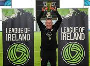 14 June 2025; St Patrick's Athletic goalkeeper Joe Curley lifts the cup after winning the League of Ireland Walking Football Festival at the National Indoor Arena on the Sport Ireland Campus in Dublin. Photo by Stephen McCarthy/Sportsfile