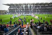 14 June 2025; Both teams run out before the United Rugby Championship Grand Final match between Leinster and Vodacom Bulls at Croke Park in Dublin. Photo by David Fitzgerald/Sportsfile