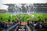 14 June 2025; Both teams run out before the United Rugby Championship Grand Final match between Leinster and Vodacom Bulls at Croke Park in Dublin. Photo by David Fitzgerald/Sportsfile