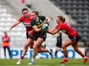 14 June 2025; Siofra O'Shea of Kerry in action against Cork players, from left, Hannah Looney and Shauna Cronin during the TG4 All-Ireland Ladies Football Senior Championship Round 2 match between Cork and Kerry at Supervalu Páirc Uí Chaoimh in Cork. Photo by Michael P Ryan/Sportsfile