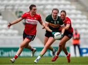 14 June 2025; Siofra O'Shea of Kerry in action against Cork players, from left, Hannah Looney and Shauna Cronin during the TG4 All-Ireland Ladies Football Senior Championship Round 2 match between Cork and Kerry at Supervalu Páirc Uí Chaoimh in Cork. Photo by Michael P Ryan/Sportsfile
