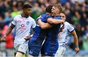 14 June 2025; Jordie Barrett of Leinster, left, celebrates with teammate Tommy O'Brien after scoring their side's second try during the United Rugby Championship Grand Final match between Leinster and Vodacom Bulls at Croke Park in Dublin. Photo by David Fitzgerald/Sportsfile