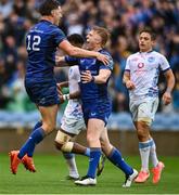 14 June 2025; Jordie Barrett of Leinster, left, celebrates with teammate Tommy O'Brien after scoring their side's second try during the United Rugby Championship Grand Final match between Leinster and Vodacom Bulls at Croke Park in Dublin. Photo by David Fitzgerald/Sportsfile