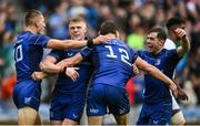 14 June 2025; Jordie Barrett of Leinster, centre, celebrates with teammates, from left, Sam Prendergast, Tommy O'Brien and Luke McGrath after scoring their side's second try during the United Rugby Championship Grand Final match between Leinster and Vodacom Bulls at Croke Park in Dublin. Photo by David Fitzgerald/Sportsfile