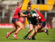 14 June 2025; Cait Lynch of Kerry in action against Cork players, from left, Laura O'Mahony and Katie Quirke during the TG4 All-Ireland Ladies Football Senior Championship Round 2 match between Cork and Kerry at Supervalu Páirc Uí Chaoimh in Cork. Photo by Michael P Ryan/Sportsfile