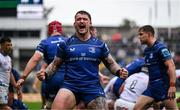 14 June 2025; Andrew Porter of Leinster celebrates his side's third try scored by team-mate Josh van der Flier during the United Rugby Championship Grand Final match between Leinster and Vodacom Bulls at Croke Park in Dublin. Photo by Brendan Moran/Sportsfile