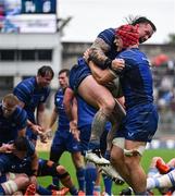 14 June 2025; Josh van der Flier of Leinster, right, celebrates with teammate Andrew Porter after scoring their side's third try during the United Rugby Championship Grand Final match between Leinster and Vodacom Bulls at Croke Park in Dublin. Photo by Brendan Moran/Sportsfile