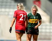 14 June 2025; Niamh Ni Chonchúir of Kerry shakes hands with Amy McDonagh of Cork after the TG4 All-Ireland Ladies Football Senior Championship Round 2 match between Cork and Kerry at Supervalu Páirc Uí Chaoimh in Cork. Photo by Michael P Ryan/Sportsfile