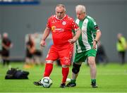 14 June 2025; Pat Daly of Shelbourne in action against Rory Mahon of Bray Wanderers during the League of Ireland Walking Football Festival at the National Indoor Arena on the Sport Ireland Campus in Dublin. Photo by Stephen McCarthy/Sportsfile
