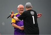 14 June 2025; Tony Doyle of Wexford and St Patrick's Athletic goalkeeper Joe Curley after their match during the League of Ireland Walking Football Festival at the National Indoor Arena on the Sport Ireland Campus in Dublin. Photo by Stephen McCarthy/Sportsfile